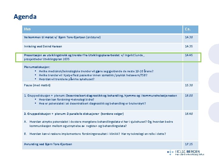 Agenda Hva Ca. Velkommen til møtet v/ Bjørn Tore Gjertsen (ordstyrer) 14. 30 Innleiing