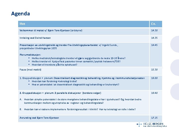 Agenda Hva Ca. Velkommen til møtet v/ Bjørn Tore Gjertsen (ordstyrer) 14. 30 Innleiing