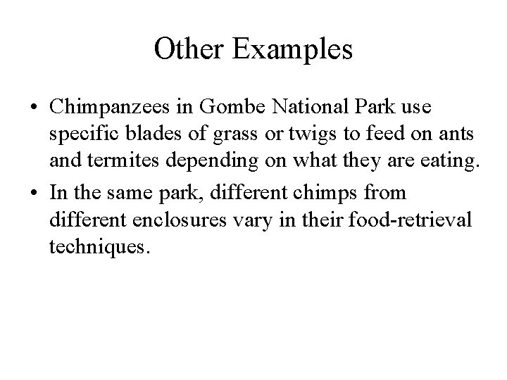 Other Examples • Chimpanzees in Gombe National Park use specific blades of grass or