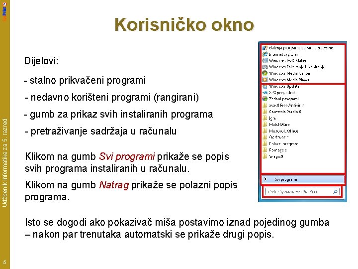 Korisničko okno Dijelovi: - stalno prikvačeni programi Udžbenik informatike za 5. razred - nedavno