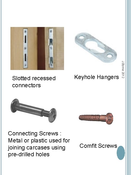 Connecting Screws : Metal or plastic used for joining carcases using pre-drilled holes Keyhole