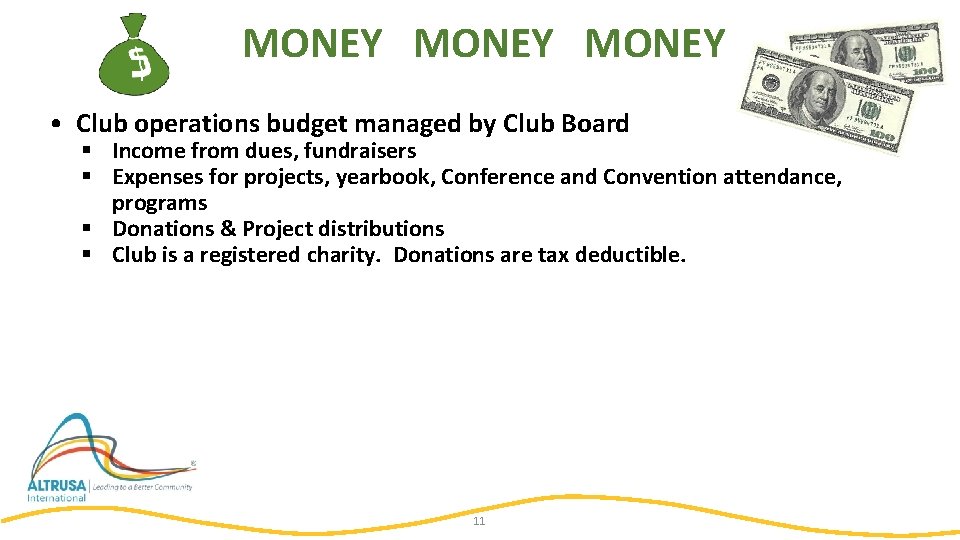 MONEY • Club operations budget managed by Club Board § Income from dues, fundraisers