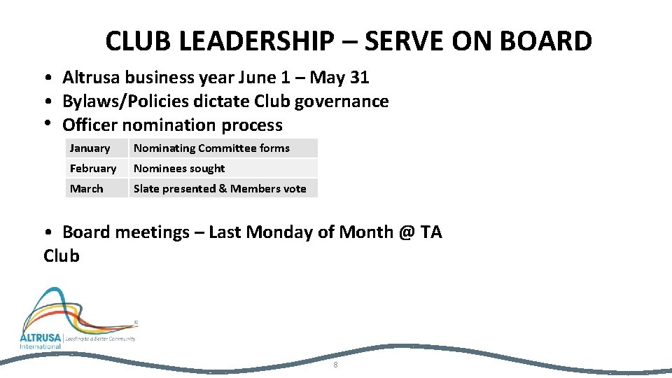 CLUB LEADERSHIP – SERVE ON BOARD • Altrusa business year June 1 – May