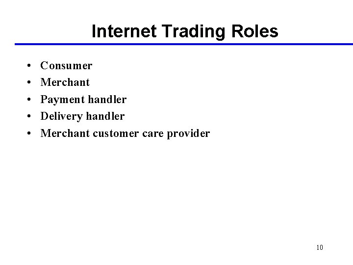 Internet Trading Roles • • • Consumer Merchant Payment handler Delivery handler Merchant customer