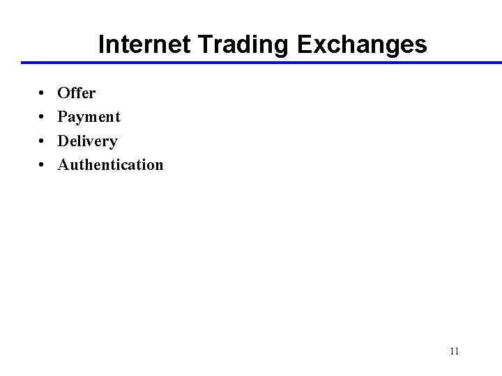 Internet Trading Exchanges • • Offer Payment Delivery Authentication 11 