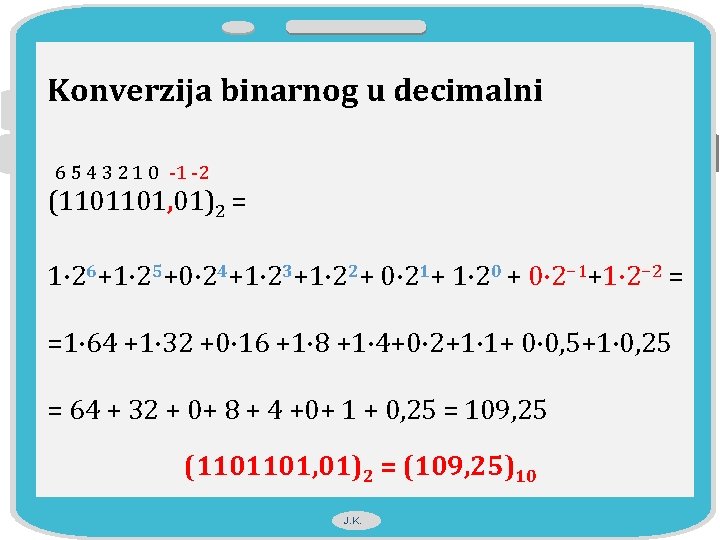 Konverzija binarnog u decimalni 6 5 4 3 2 1 0 -1 -2 (1101101,