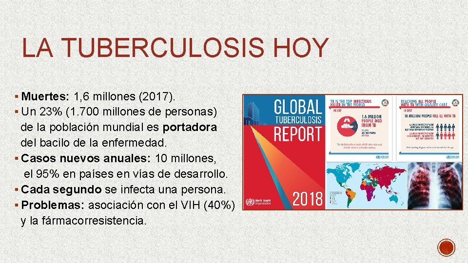 LA TUBERCULOSIS HOY § Muertes: 1, 6 millones (2017). § Un 23% (1. 700