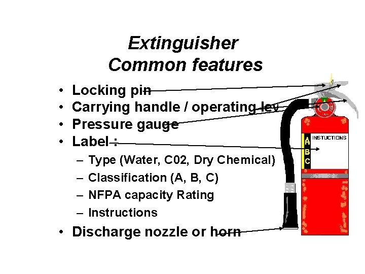 Extinguisher Common features • • Locking pin Carrying handle / operating lever Pressure gauge