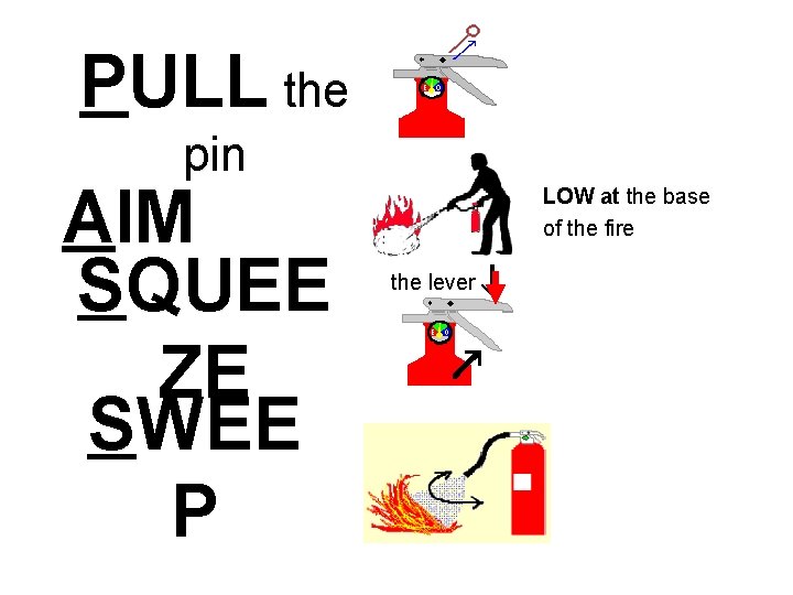 PULL the pin AIM SQUEE ZE SWEE P LOW at the base of the