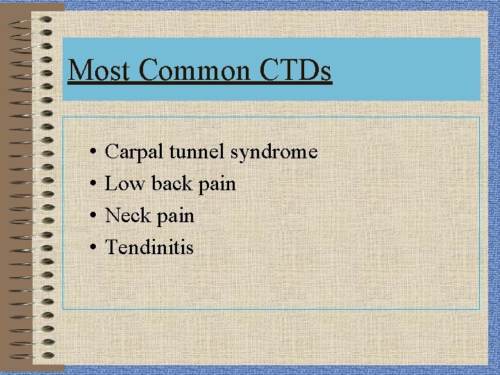Most Common CTDs • • Carpal tunnel syndrome Low back pain Neck pain Tendinitis