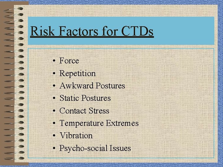 Risk Factors for CTDs • • Back Safety Force Repetition Awkward Postures Static Postures