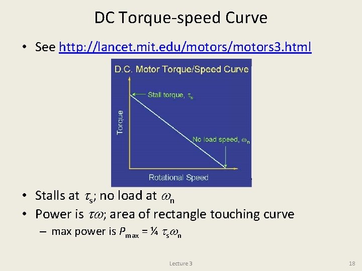 DC Torque-speed Curve • See http: //lancet. mit. edu/motors 3. html • Stalls at