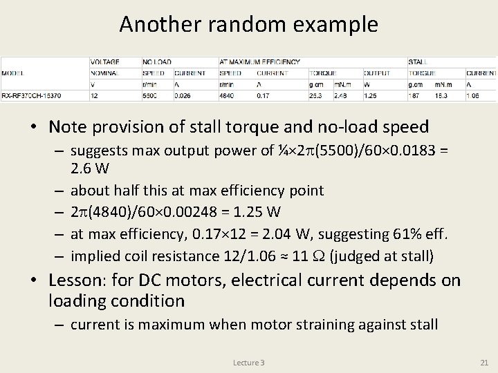 Another random example • Note provision of stall torque and no-load speed – suggests