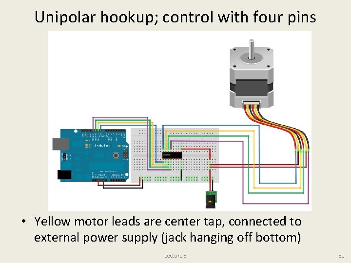 Unipolar hookup; control with four pins • Yellow motor leads are center tap, connected