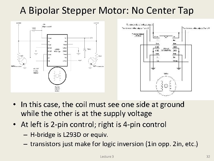 A Bipolar Stepper Motor: No Center Tap • In this case, the coil must