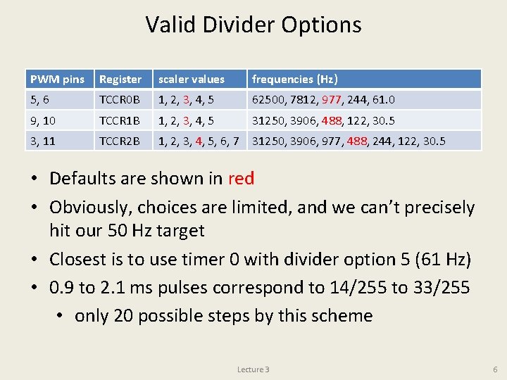 Valid Divider Options PWM pins Register scaler values frequencies (Hz) 5, 6 TCCR 0