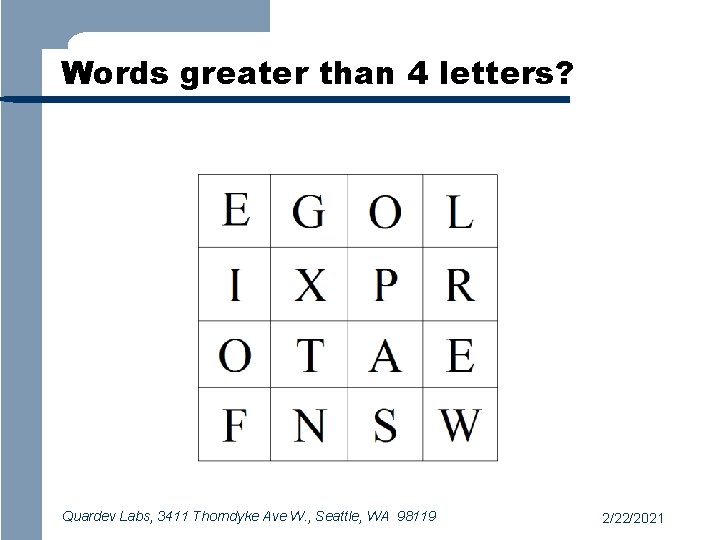 Words greater than 4 letters? Quardev Labs, 3411 Thorndyke Ave W. , Seattle, WA