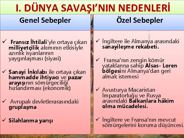 I. DÜNYA SAVAŞI’NIN NEDENLERİ Genel Sebepler ü Fransız İhtilali’yle ortaya çıkan milliyetçilik akımının etkisiyle