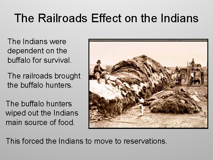 The Railroads Effect on the Indians The Indians were dependent on the buffalo for