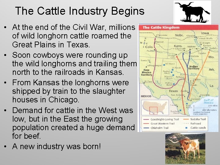 The Cattle Industry Begins • At the end of the Civil War, millions of