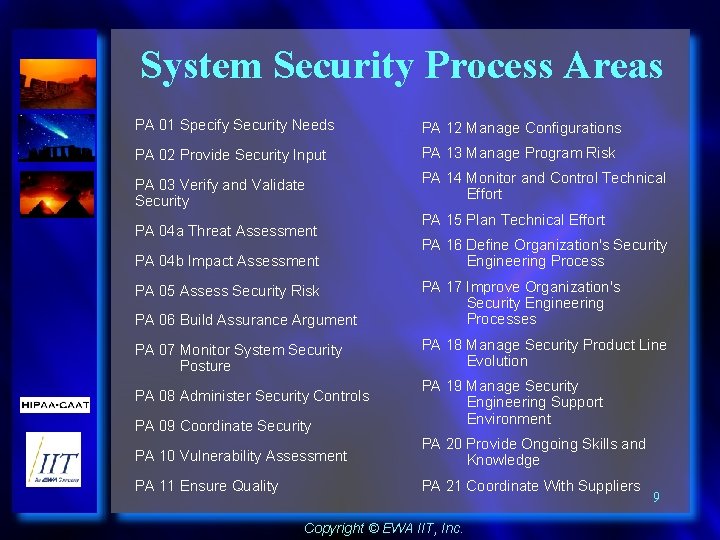 System Security Process Areas PA 01 Specify Security Needs PA 12 Manage Configurations PA