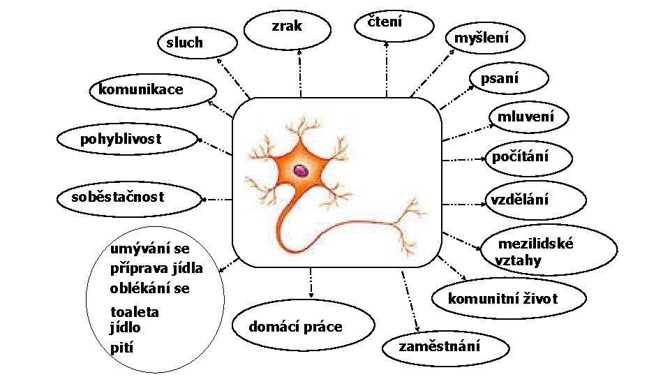 sluch zrak čtení myšlení psaní komunikace mluvení pohyblivost počítání soběstačnost vzdělání mezilidské vztahy umývání