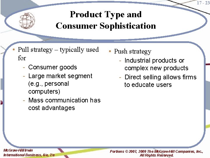 17 - 23 Product Type and Consumer Sophistication • Pull strategy – typically used