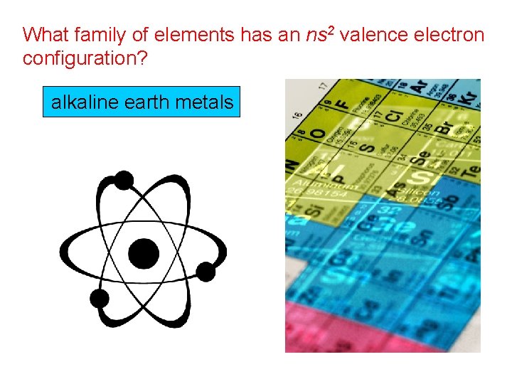 What family of elements has an ns 2 valence electron configuration? alkaline earth metals