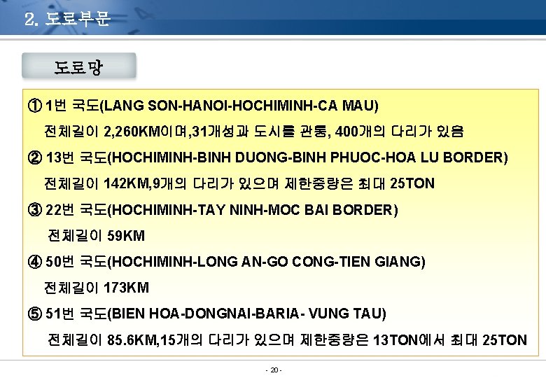2. 도로부문 도로망 ① 1번 국도(LANG SON-HANOI-HOCHIMINH-CA MAU) 전체길이 2, 260 KM이며, 31개성과 도시를