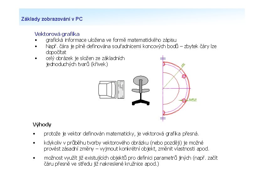 Základy zobrazování v PC Vektorová grafika • grafická informace uložena ve formě matematického zápisu