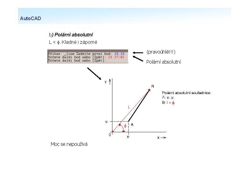 Auto. CAD b) Polární absolutní L < . Kladné i záporné (pravoúhlé!!!) Polární absolutní