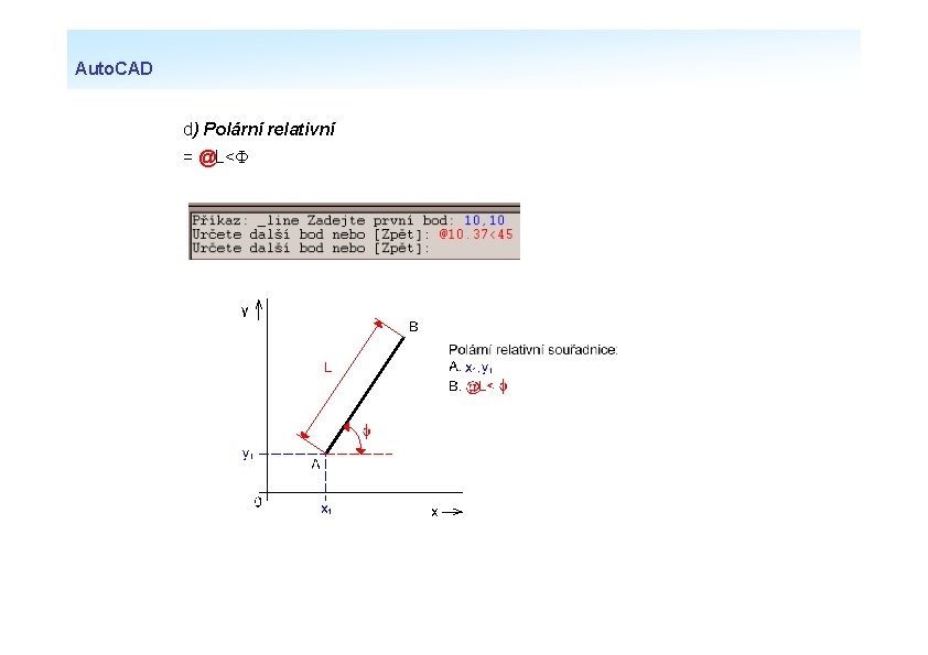 Auto. CAD d) Polární relativní = @L< 