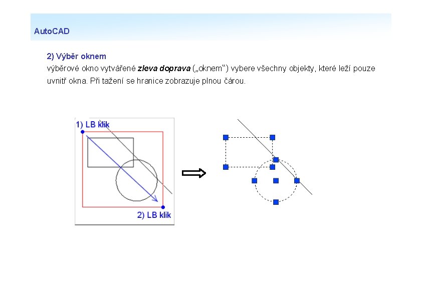 Auto. CAD 2) Výběr oknem výběrové okno vytvářené zleva doprava („oknem“) vybere všechny objekty,