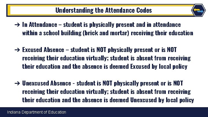 Understanding the Attendance Codes ➔ In Attendance – student is physically present and in