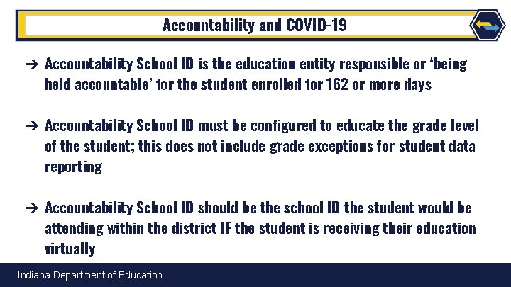 Accountability and COVID-19 ➔ Accountability School ID is the education entity responsible or ‘being