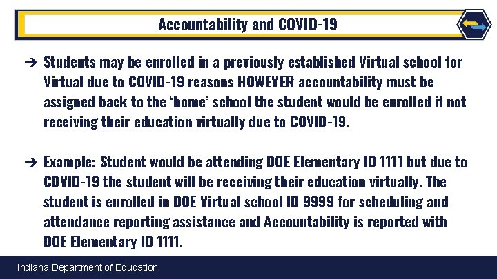 Accountability and COVID-19 ➔ Students may be enrolled in a previously established Virtual school