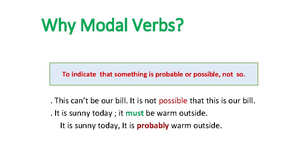 Why Modal Verbs? To indicate that something is probable or possible, not so. .