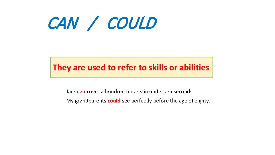CAN / COULD They are used to refer to skills or abilities. Jack can