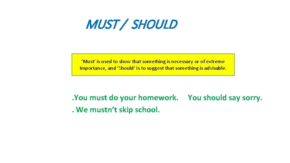 MUST / SHOULD ‘Must’ is used to show that something is necessary or of