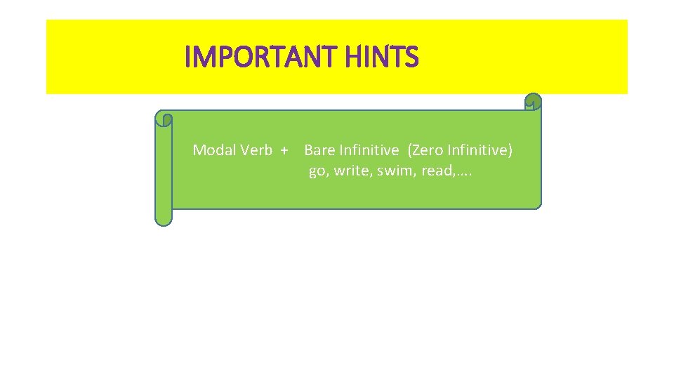 IMPORTANT HINTS Modal Verb + Bare Infinitive (Zero Infinitive) go, write, swim, read, ….