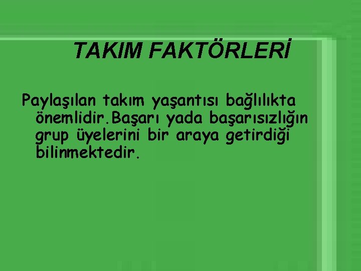 TAKIM FAKTÖRLERİ Paylaşılan takım yaşantısı bağlılıkta önemlidir. Başarı yada başarısızlığın grup üyelerini bir araya