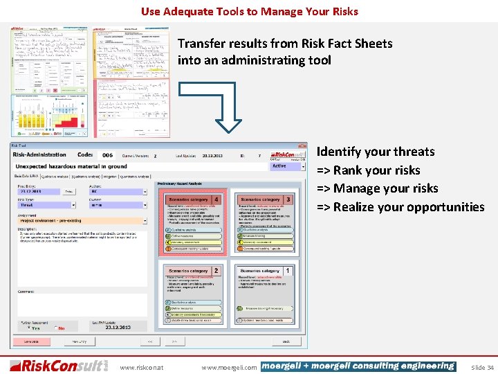 Use Adequate Tools to Manage Your Risks Transfer results from Risk Fact Sheets into