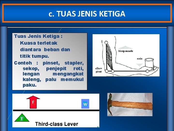 c. TUAS JENIS KETIGA Tuas Jenis Ketiga : Kuasa terletak diantara beban dan titik