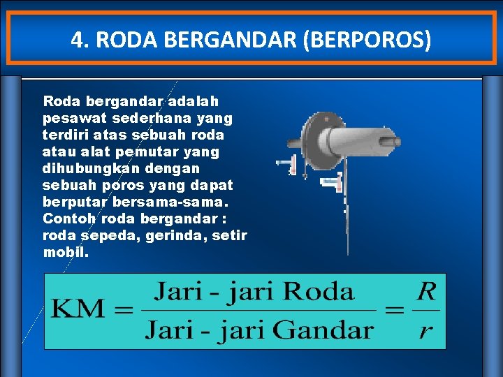 4. RODA BERGANDAR (BERPOROS) Roda bergandar adalah pesawat sederhana yang terdiri atas sebuah roda