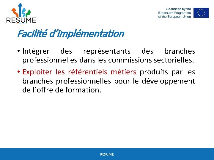 Facilité d’implémentation • Intégrer des représentants des branches professionnelles dans les commissions sectorielles. •