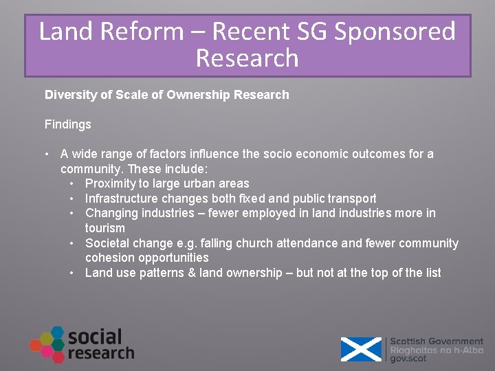 Land Reform – Recent SG Sponsored Research Diversity of Scale of Ownership Research Findings