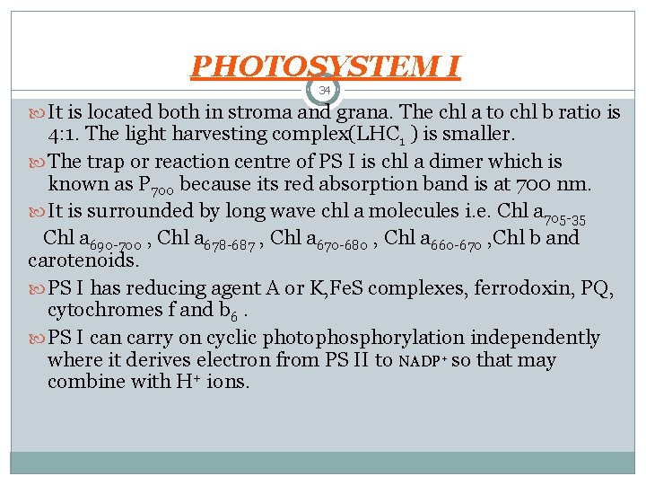 PHOTOSYSTEM I 34 It is located both in stroma and grana. The chl a