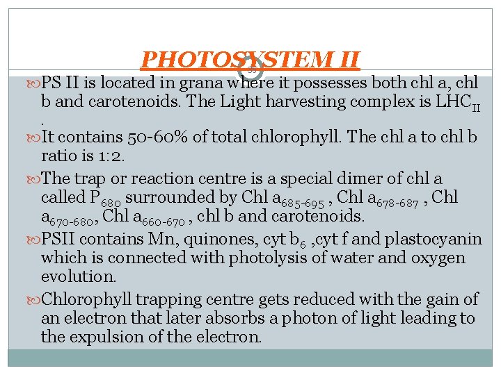 PHOTOSYSTEM II 35 PS II is located in grana where it possesses both chl