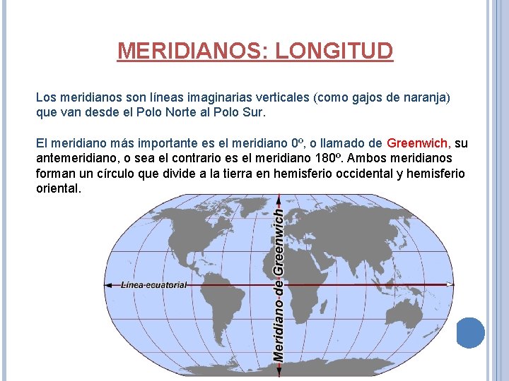 MERIDIANOS: LONGITUD Los meridianos son líneas imaginarias verticales (como gajos de naranja) que van