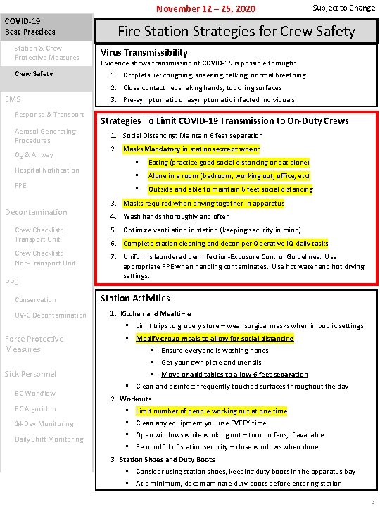 November 12 – 25, 2020 COVID-19 Best Practices Station & Crew Protective Measures Crew